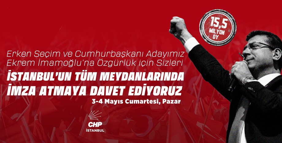 Cumhurbaşkanı Adayımız Ekrem İmamoğlu'na özgürlük ve erken seçim talebimiz için, sizleri İstanbul'un tüm meydanlarında imza atmaya davet ediyoruz!
